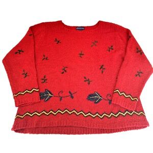 Bushwacker Chunky Knit Sweater Womens 3X Red Floral Geometric Wool Blend Cottage